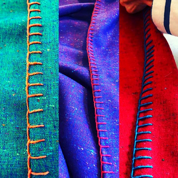 green, red and blue fabrics
